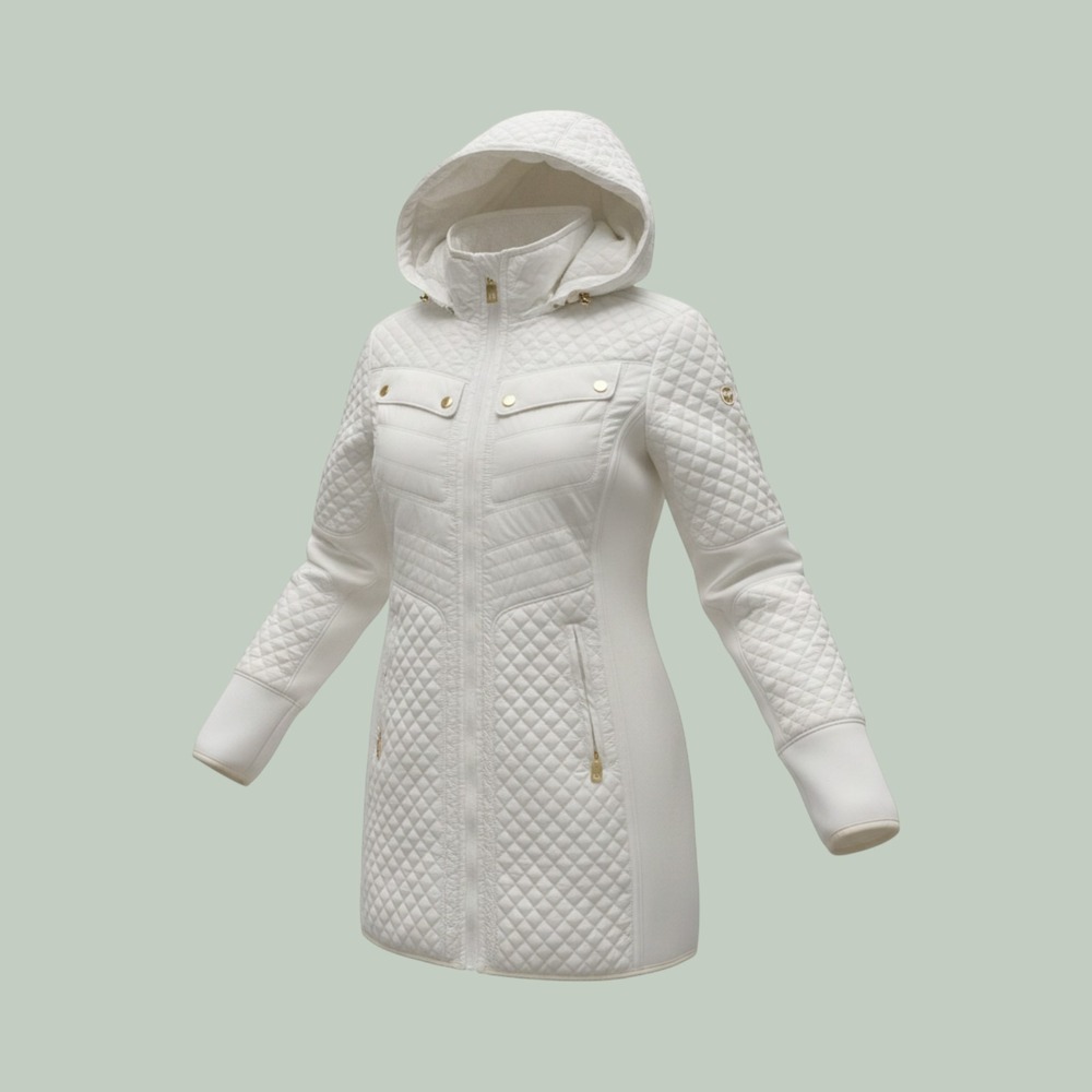 Michael Kors Womens Large White Quilted Hooded Puffer Jacket Coat Gold Zip